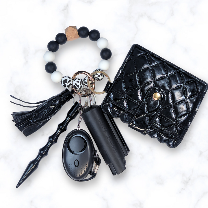 Beaded wristlet safety keychain set with wallet, pepper spray, and alarm