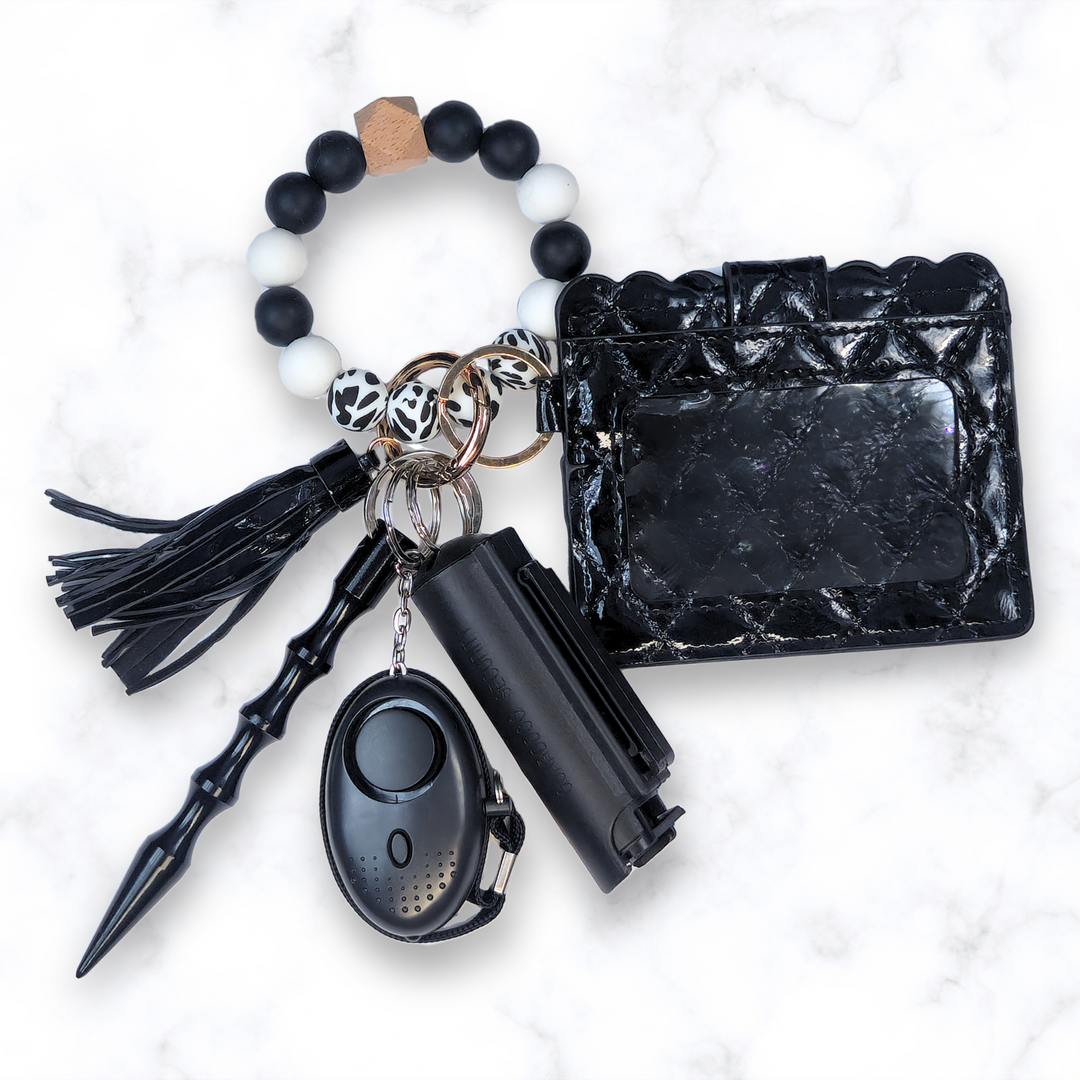 Black wallet beaded safety keychain set with pepper spray and alarm. 