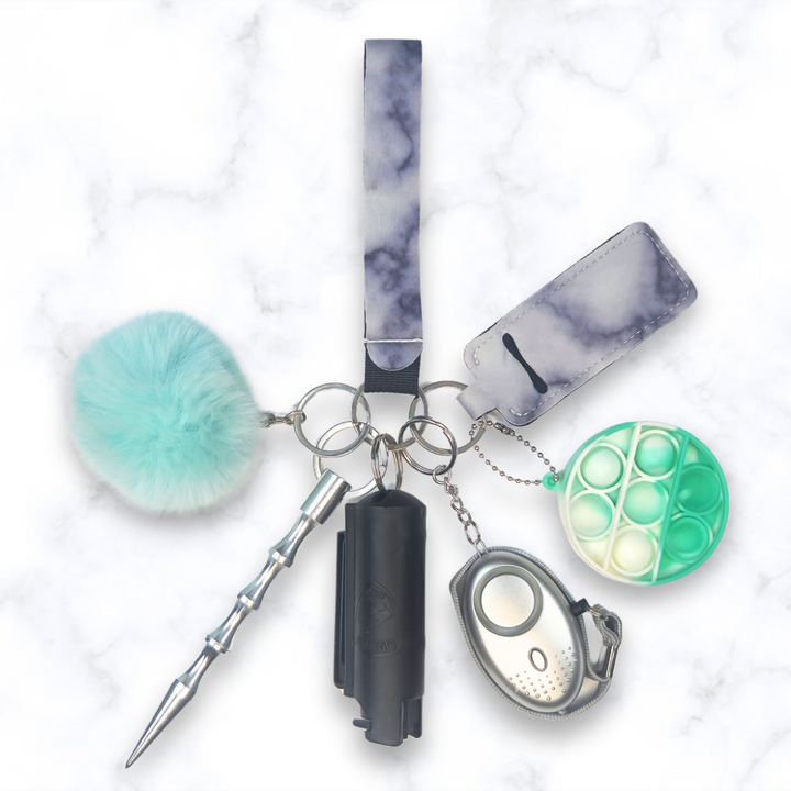 Grey marble safety keychain set with pepper spray and alarm