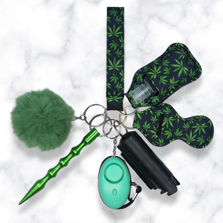 Mary Jane safety keychain set with pepper spray, kubuton, and panic alarm. 