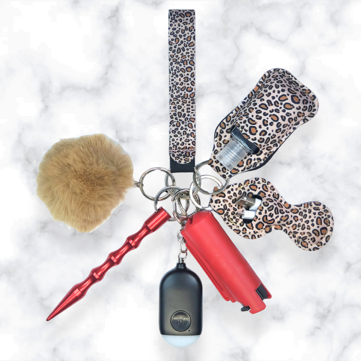 Red leopard safety keychain with pepper spray and kubaton 