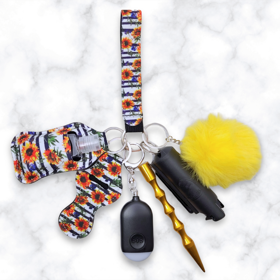 Striped sunflower safety keychain set with pepper spray and alarm. 